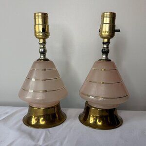 Pair MCM Lamps, Pink Frosted Glass, Gold Swirl Accents, Vintage 1950s, Hollywood